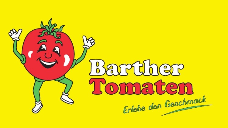 Gelber Hintergrund mit lachender Zeichentomate mit Armen und Beinen, daneben der Schriftzug Barther Tomaten, Erlebe den Geschmack.