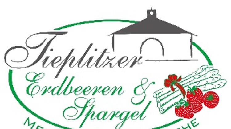 Logo mit Schriftzügen Tietlitzer Erdbeeren & Spargel, Mecklenburger-Frische, daneben Erdbeeren und Spargel, oben schwarzer Pavillon.