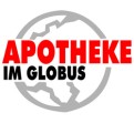Logo mit rotem Schriftzug „APOTHEKE“ und schwarzem Schriftzug „IM GLOBUS“ vor einem grauen Globus-Symbol.