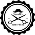Rundes Logo mit Schere und Kamm in der Mitte, oben ein Schnurrbart, Text: Yousif's Barber Shop, EST. 2018.
