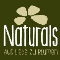 Grünes Logo mit beigem Text „Naturals“ und darunter der Slogan „Aus Liebe zu Blumen“, daneben stilisierte Blütenblätter.