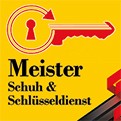 Gelbes Logo mit rotem Schlüssel, rotem Schlüsselloch und den schwarzen Worten „Meister Schuh & Schlüsseldienst“.