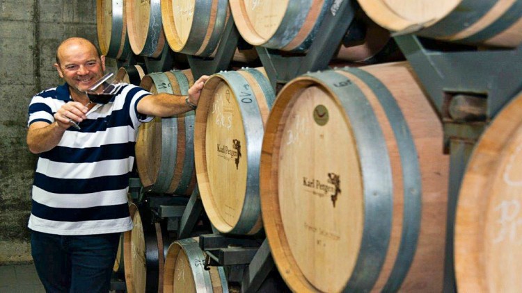 Person hält ein Weinglas und lehnt sich an ein Holzfasslager mit großen Fässern, auf einem steht „Karl Pfleger“.