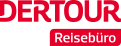 Roter Schriftzug „DERTOUR“ über weißem Schriftzug „Reisebüro“ auf rotem rechteckigen Hintergrund.