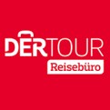 Weißer Schriftzug DERTOUR Reisebüro mit Koffer-Symbol auf rotem Hintergrund.