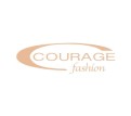 Beiger Schriftzug „COURAGE fashion“ mit geschwungenem Element auf weißem Hintergrund.