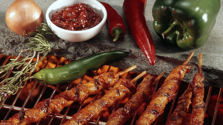 Nahaufnahme von gegrillten Fleischspießen auf einem Rost, daneben Kräuter, Paprika, eine Zwiebel und eine Schale mit roter Soße.