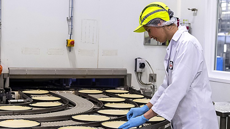 Person in weißem Arbeitskittel und gelbem Helm kontrolliert runde Teigböden auf einem Förderband in einer Produktionshalle.