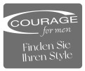 Graues Rechteck mit den weißen Texten COURAGE for men und Finden Sie Ihren Style in verschiedenen Schriftarten.
