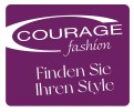 Lila Hintergrund mit weißem Schriftzug „COURAGE fashion“ und darunter „Finden Sie Ihren Style“ in geschwungener Schrift.