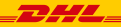 Roter DHL-Schriftzug mit zwei stilisierten Streifen auf gelbem Hintergrund.