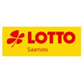 Gelbes Rechteck mit rotem Schriftzug LOTTO, rotem Kleeblatt und kleinem Text Saarloto in Grau darunter.