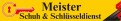 Gelbes Schild mit rotem Schlüssel und Text: Meister Schuh & Schlüsseldienst, rechts schwarze und rote Grafiken.