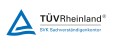 Blaues Dreieck-Logo mit Schriftzug TÜVRheinland und schwarzem Strich darunter, darunter steht SVK Sachverständigenkontor.