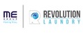 Links das Logo „ME Group“, rechts das Logo „Revolution Laundry“ mit blauem Wellenmotiv und Schrift in Blau und Grau.