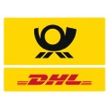 Gelbes Bild mit schwarzem Posthorn oben und rotem DHL-Schriftzug mit drei Linien darunter.
