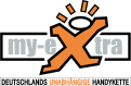 Grauer Schriftzug „my-eXtra“ mit großem orangenem X, darüber orange Strahlen, darunter oranger Schriftzug „UNABHÄNGIGE“.