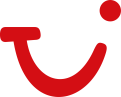 Rotes abstraktes Logo in geschwungener Form mit Punkt oben rechts auf transparentem Hintergrund.