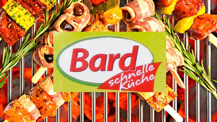 Grillspieße mit Fleisch, Gemüse, Rosmarin und der Text „Bard schnelle Küche“ auf einem gelben Hintergrund.