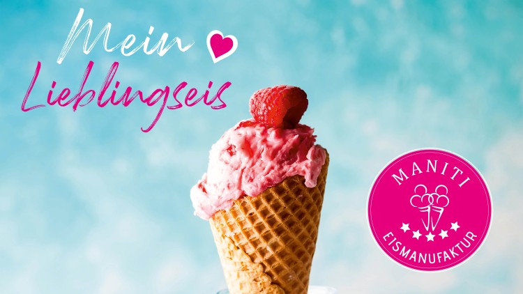 Eine mit Himbeereis gefüllte Waffel, dekoriert mit einer Himbeere, Text Mein Lieblingseis und Logo MANITI EISMANUFAKTUR sichtbar.