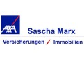 Logo mit blauem AXA-Symbol, darunter der Name Sascha Marx, Text Versicherungen / Immobilien in Blau und Rot.