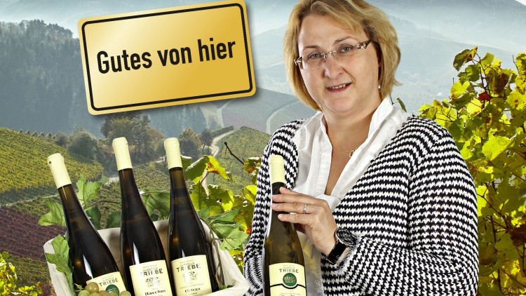 Korb mit vier Weinflaschen, Weintrauben und Schild „Gutes von hier“ vor einer Landschaft mit Weinbergen und grünen Pflanzen.