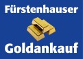 Goldbarren vor blauem Hintergrund mit weißem Text, oben „Fürstenhauser“ und unten „Goldankauf“.