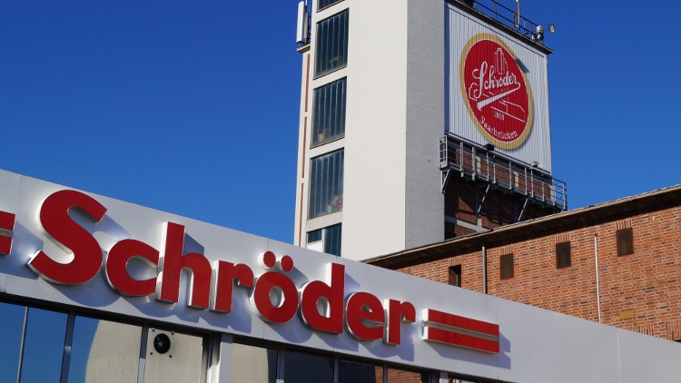 Ein Backsteingebäude mit einem Turm und rotem Schild „Schröder Fleischwarenfabrik“ sowie Schriftzug „Schröder“ im Vordergrund.