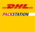 Gelbes Logo mit rotem DHL-Schriftzug und dem Text „Packstation“ in schwarz und rot auf weißem Balken.