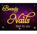 Gelber Schriftzug „Beauty Nails“ und weißer Text „Best for you“ auf lila Hintergrund mit Sterneneffekten.