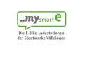 In einem grünen Rahmen steht „my smart e“, darunter Text: „Die E-Bike-Ladestationen der Stadtwerke Völklingen“.