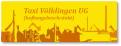 Gelbes Logo mit roter Industriesilhouette, darüber Text „Taxi Völklingen UG (haftungsbeschränkt)“ in Rot und Braun.