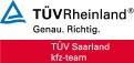 Das Logo zeigt „TÜV Rheinland, Genau. Richtig.“ oben in Schwarz und darunter „TÜV Saarland kfz-team“ auf rotem Hintergrund.