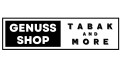 Schwarz-weiße Grafik mit den Texten „GENUSS SHOP“ und „TABAK AND MORE“ in Großbuchstaben, umrahmt von einem schwarzen Rahmen.