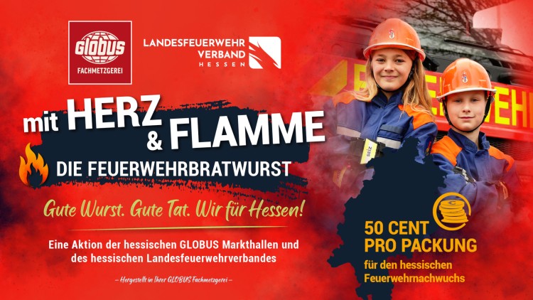 Rotes Plakat mit Schriftzügen: „Mit Herz und Flamme, die Feuerwehrbratwurst“, „Gute Wurst. Gute Tat. Wir für Hessen!“.