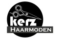 Schwarzes Logo mit Schere, großem weißem Schriftzug „kerz“ und weißem Schriftzug „HAARMODEN“ auf grauem Balken.