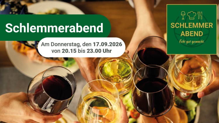 Sechs Gläser mit Rot- und Weißwein stoßen über einem gedeckten Tisch an, Text: Schlemmerabend, 17.09.2026, 20.15–23.00 Uhr.