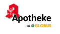 Rotes Apotheken-A mit weißem Schalen-Symbol, daneben schwarzer Text „Apotheke im“ und gelb-grünes GLOBUS-Logo.