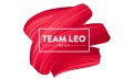 Roter Pinselstrich mit weißem Text TEAM LEO NAILS in Großbuchstaben, umrahmt von einem dünnen weißen Rechteck.