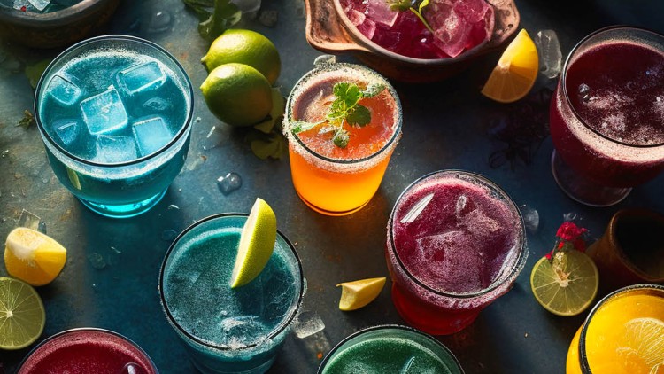 Verschiedene bunte Getränke in Gläsern mit Eiswürfeln, Limettenstücken und Dekorationen auf einem dunklen Untergrund.