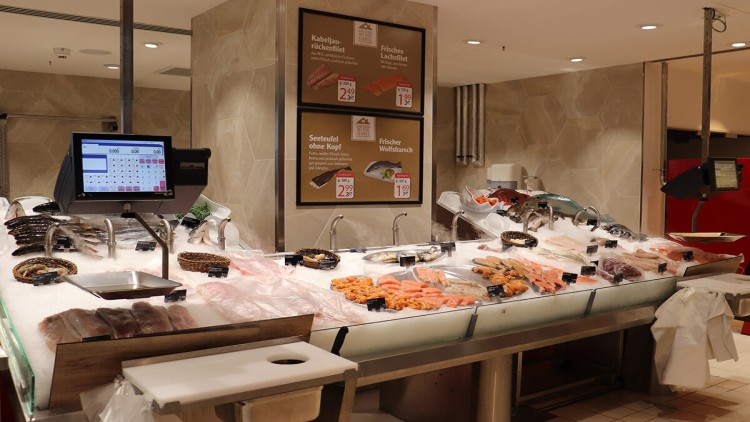 Eine Fischtheke mit verschiedenen Fischsorten auf Eis und zwei Wandtafeln mit Text zu Kabeljau, Lachs und Seeteufel.