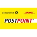 Gelbes Rechteck mit den Logos von Deutsche Post, DHL und dem Wort „POSTPOINT“ in Schwarz und Rot auf weißem Hintergrund.