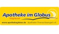 Gelbes Logo mit blauem Text „Apotheke im Globus“, rotem Zusatz „Waghäusel“, www.apothekeglobus.de und „Apotheker Thomas Baumgart e.K.“.