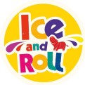 Bunter Schriftzug „Ice and Roll“ mit kleinem Zebra in Weiß-Rot auf gelbem Kreis-Hintergrund.
