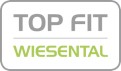 Das Logo zeigt den Schriftzug TOP FIT in Grau und WIESENTAL in Grün, getrennt durch eine dünne graue Linie, mit grauem Rahmen.