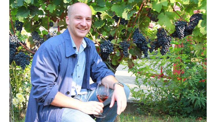 Person in blauer Kleidung sitzt mit einem Weinglas in der Hand vor einer Weinrebe mit dunkelblauen Trauben.