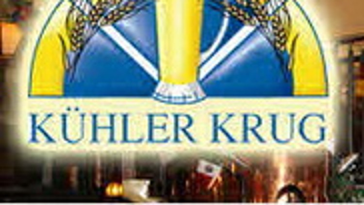 Logo mit gelbem Bierglas in der Mitte, blauem Hintergrund, gelben Ähren und Schriftzug „BRAUHAUS KÜHLER KRUG“.