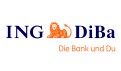 Weißer Hintergrund, blauer Text „ING DiBa“, oranges Löwen-Logo in der Mitte, darunter orange Schrift „Die Bank und Du“.