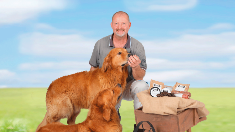 Zwei Golden Retriever stehen vor einem Holztisch mit Hundesnacks in Tüten, während sie eine Belohnung erhalten.