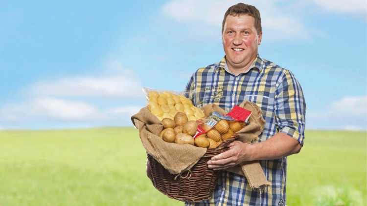 Eine Person in kariertem Hemd hält einen Korb mit Kartoffeln, verpackten Gnocchi und Zwiebeln vor einer Wiese.